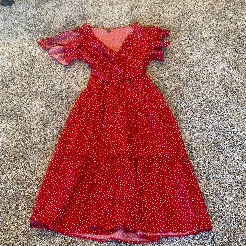 SHEIN Red Ruffled Tiered Midi Dress V-Neck